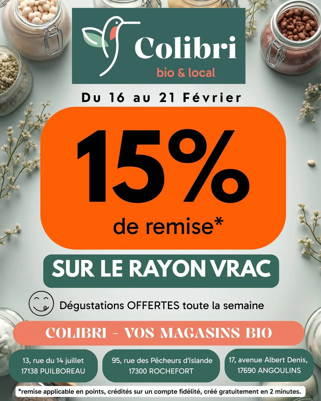 15 % sur votre cagnotte au rayon vrac