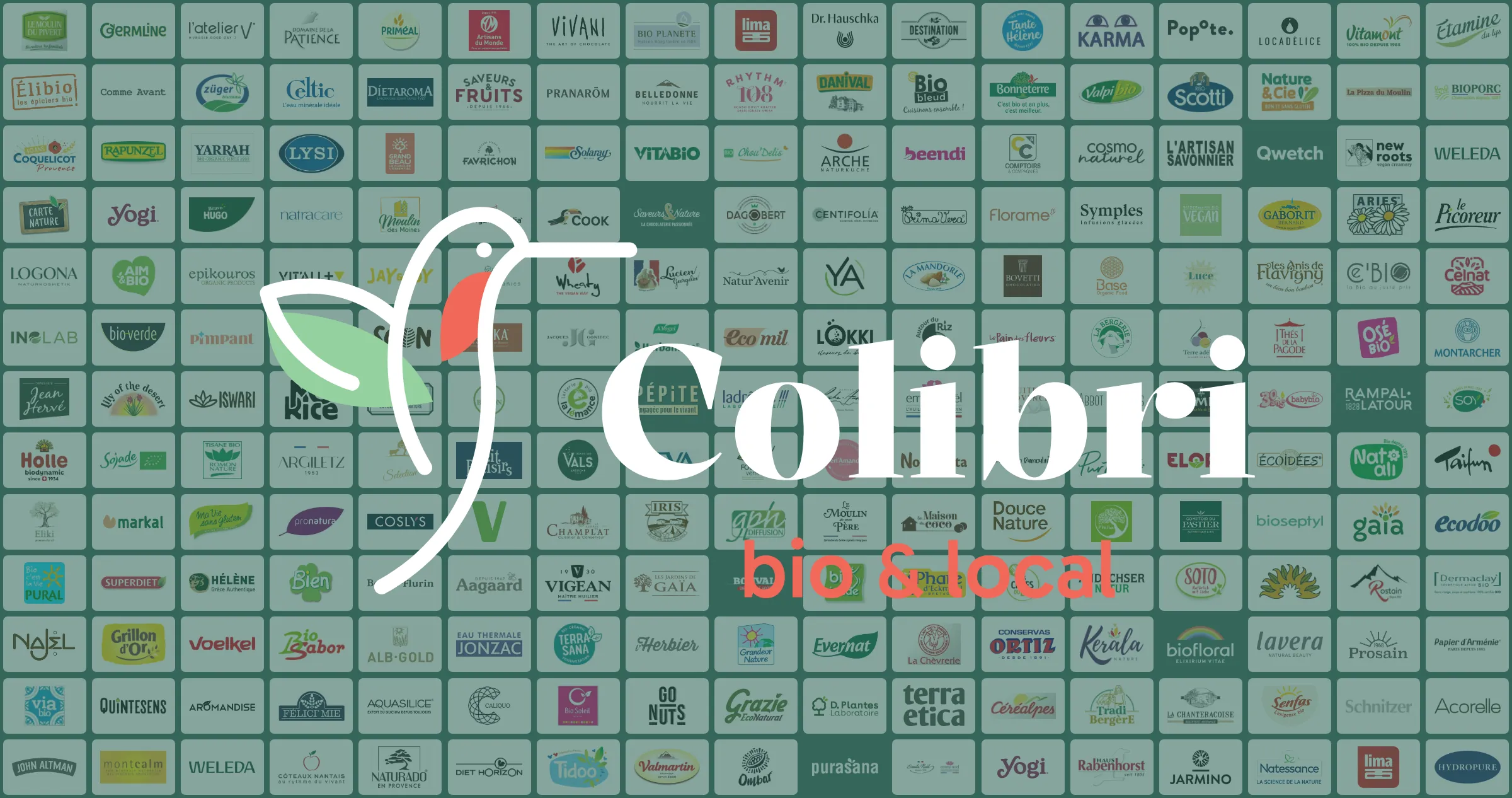 Mosaïque de logos de marques bio présentes chez Colibri, avec le logo Colibri – bio et local au centre