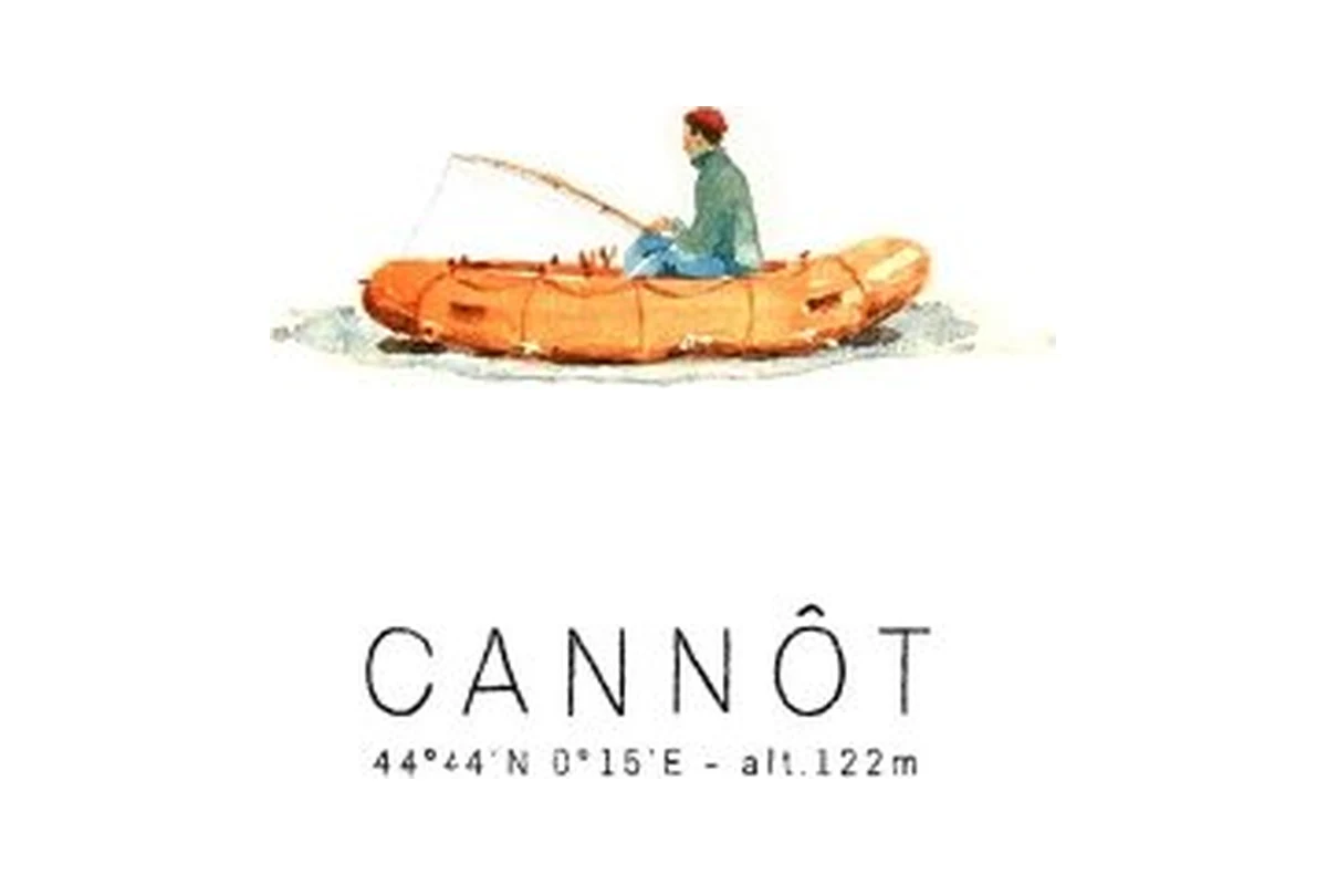 Étiquette du vin blanc bio Cannôt du Chaînon, illustrée d'un pêcheur dans un canot