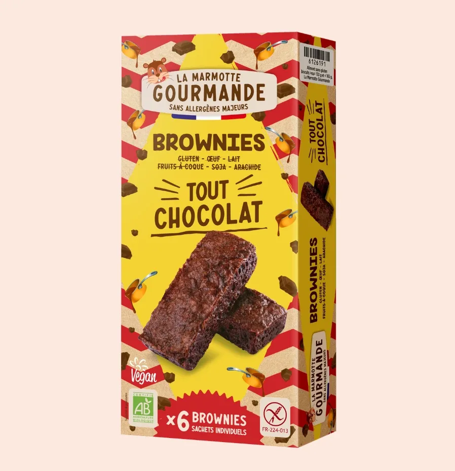 Brownies bio tout chocolat sans allergènes majeurs de La Marmotte Gourmande