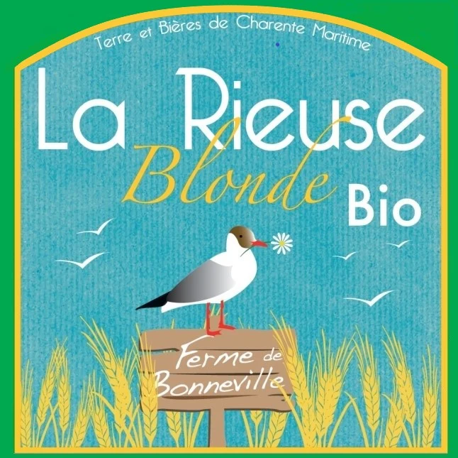 Étiquette de la bière La Rieuse Blonde bio, avec la Ferme de Bonneville