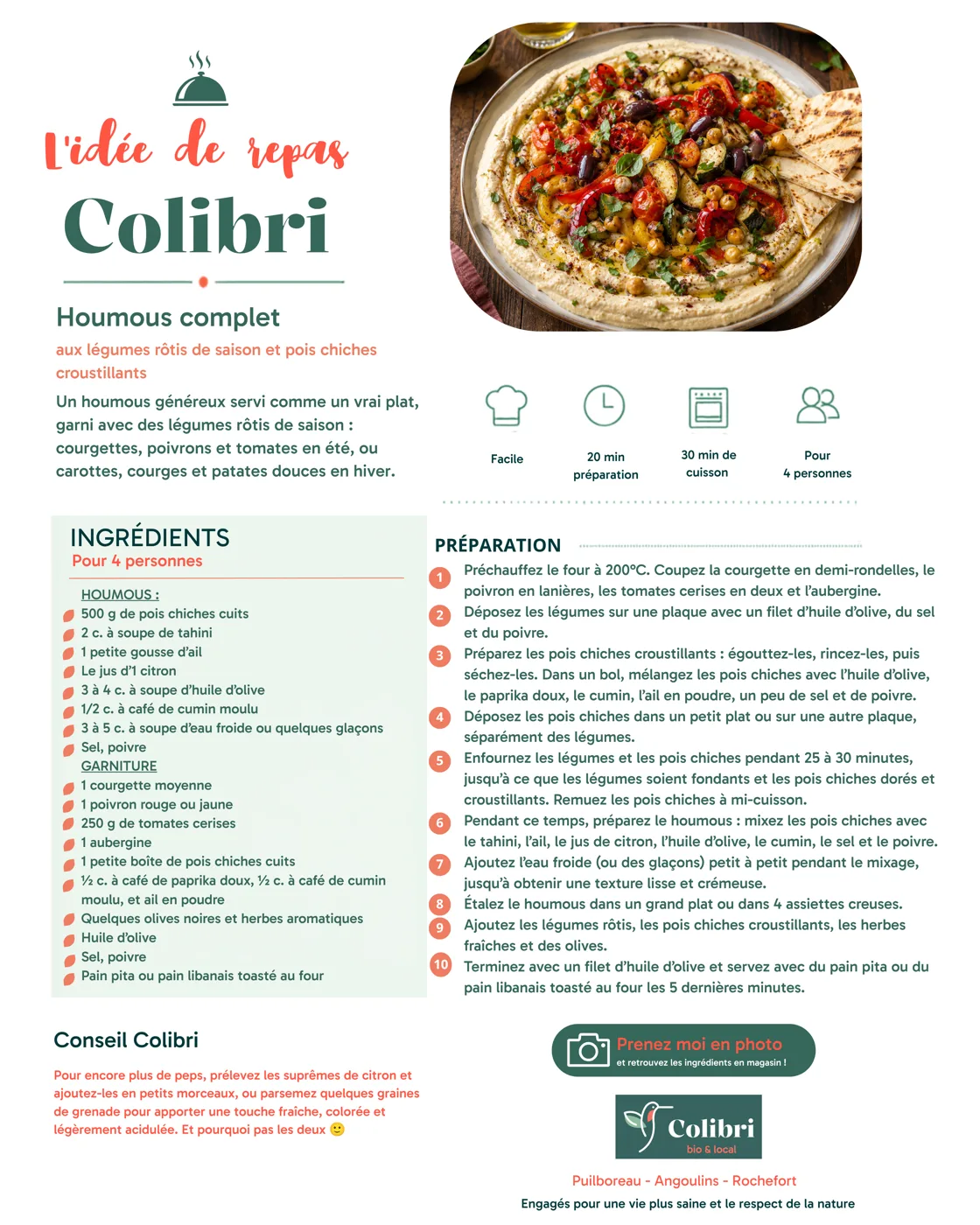 Fiche recette : Houmous complet aux légumes rôtis et pois chiches croustillants