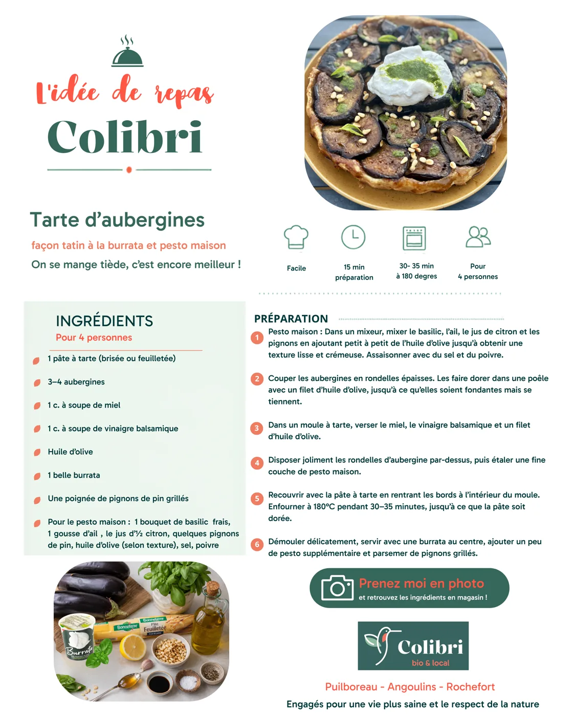 Fiche recette : Tarte d'aubergines façon tatin, burrata et pesto maison