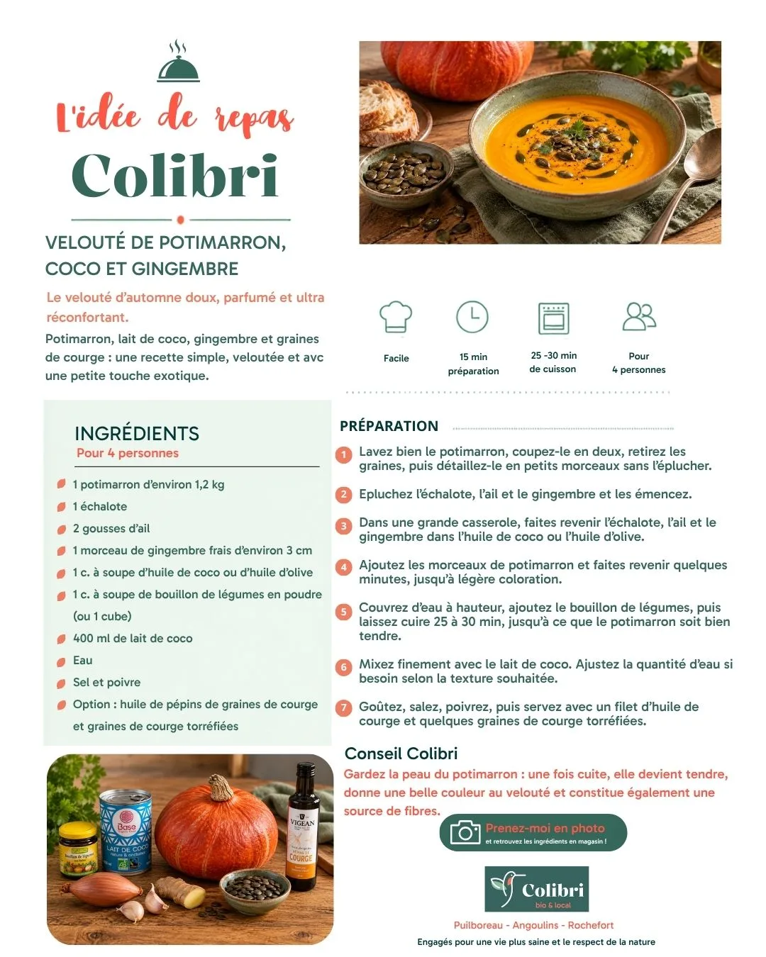 Fiche recette : Velouté de potimarron, coco et gingembre