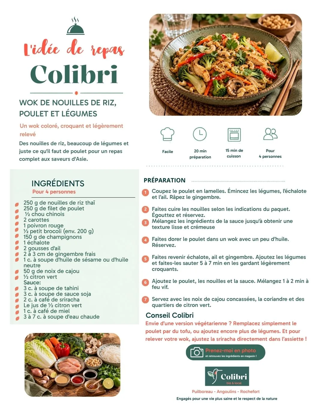 Fiche recette : Wok de nouilles de riz, poulet et légumes